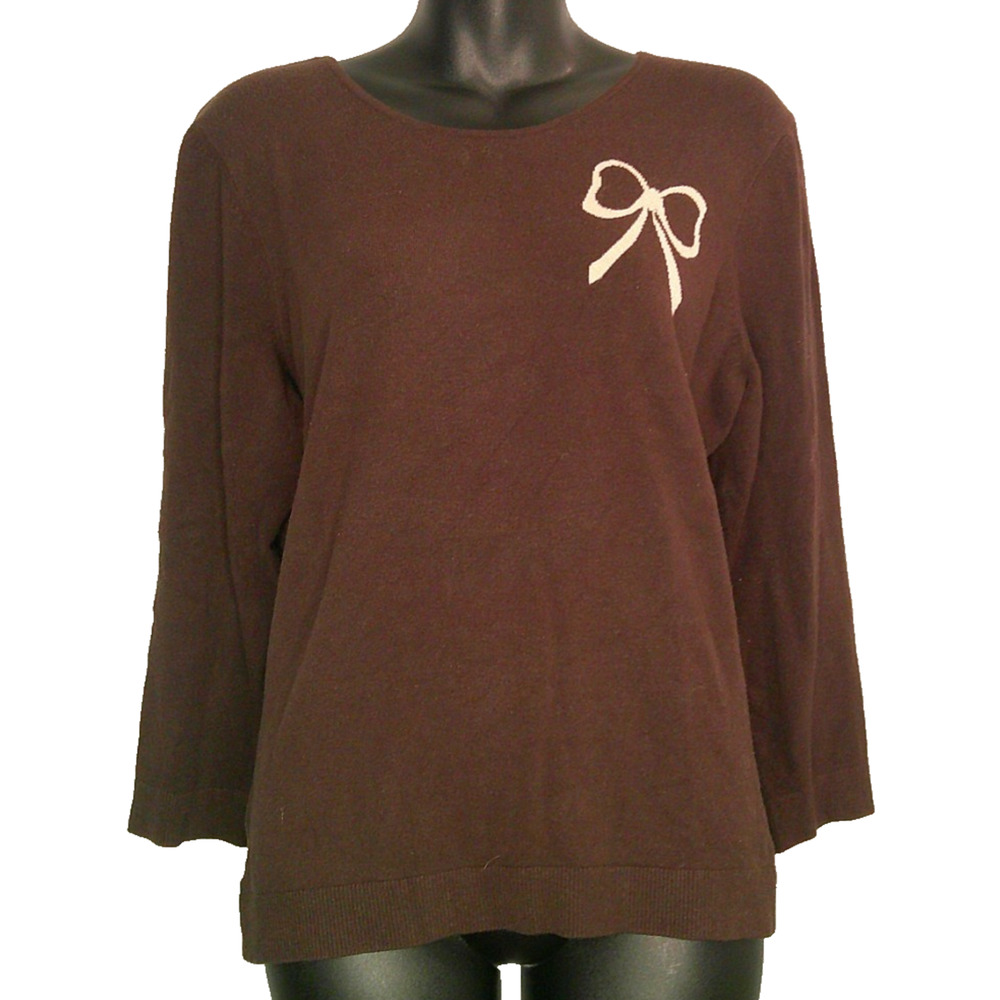 INC Women's Large Long Sleeve Crew Neck Brown Sweater with Bow on Shoulder